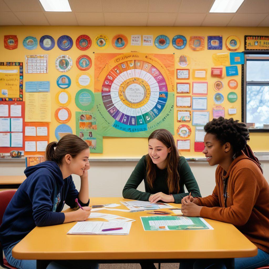 A vibrant classroom scene showcasing diverse students engaged in collaborative activities, emphasizing emotional support and resilience-building. Include a teacher guiding discussions with visual aids on emotional intelligence, like emotion wheels and supportive affirmations on the walls. Soft, warm lighting creates an inviting atmosphere. Illustrate students sharing experiences, with expressions of understanding and empathy. vector art. vibrant colors. educational theme.