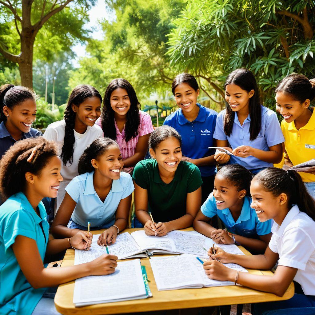 A vibrant school community scene where diverse students collaborate on a project in a sunny outdoor setting, surrounded by lush greenery. Include a teacher guiding them, with various educational materials scattered around. Show expressions of joy and teamwork, emphasizing unity and support. Bright, inviting colors that convey happiness and creativity. super-realistic. vibrant colors. outdoor setting.