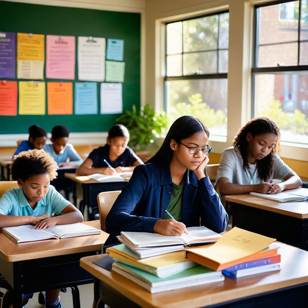 A serene classroom scene depicting a diverse group of students sitting at desks, with one student looking contemplative and sad. A supportive teacher leans down to offer comfort, surrounded by colorful motivational posters on the walls. Soft natural light streams through a window, casting gentle shadows to create a warm atmosphere. Include elements like open books, notebooks filled with notes, and a potted plant to signify growth and support. soft lighting. super-realistic. vibrant colors.